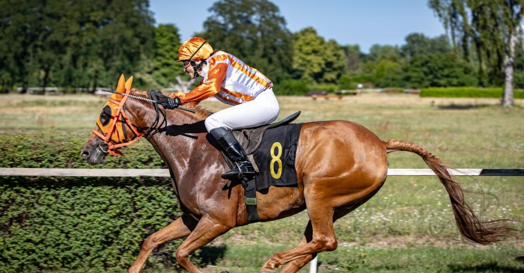 競馬場で勝利を喜ぶ馬主と競走馬